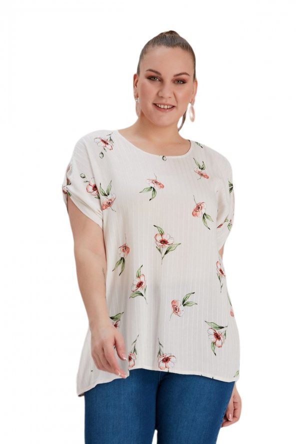 Fierte Kadın Büyük Beden Bluz Rg4515 Yuvarlak Yaka Katlanır Kısa Kol Spor Çiçek Desen Oranj Bej - 6