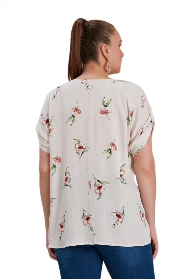 Fierte Kadın Büyük Beden Bluz Rg4515 Yuvarlak Yaka Katlanır Kısa Kol Spor Çiçek Desen Oranj Bej - 8