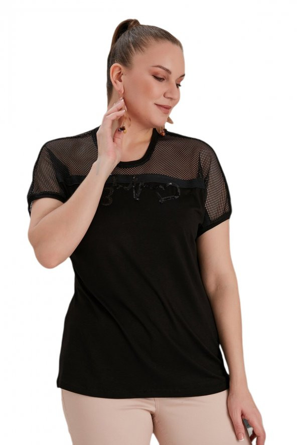 Fierte Kadın Büyük Beden Bluz Rg4584 Yuvarlak Yaka Kısa Kol Omuz File Detay Pul Payet İşleme Ekru Haki Siyah - 2