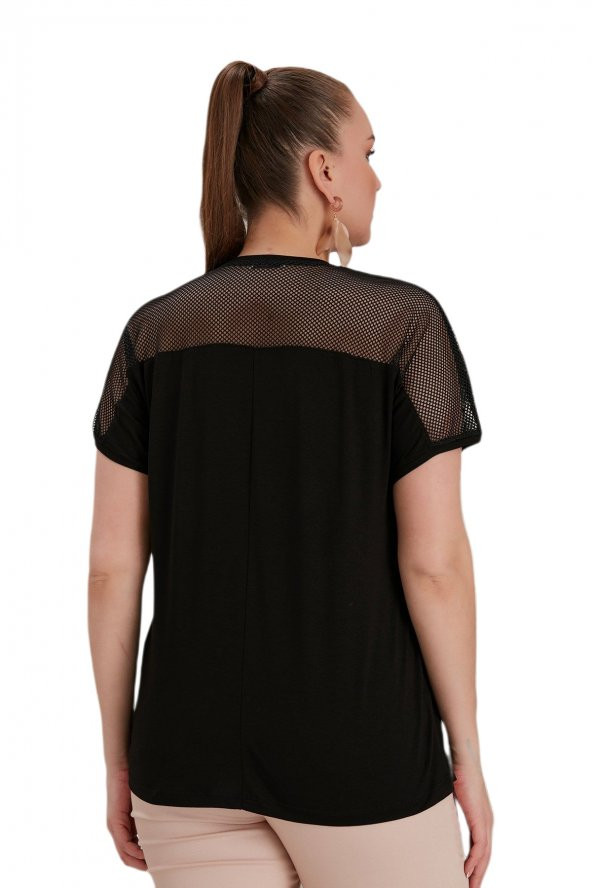 Fierte Kadın Büyük Beden Bluz Rg4584 Yuvarlak Yaka Kısa Kol Omuz File Detay Pul Payet İşleme Ekru Haki Siyah - 5