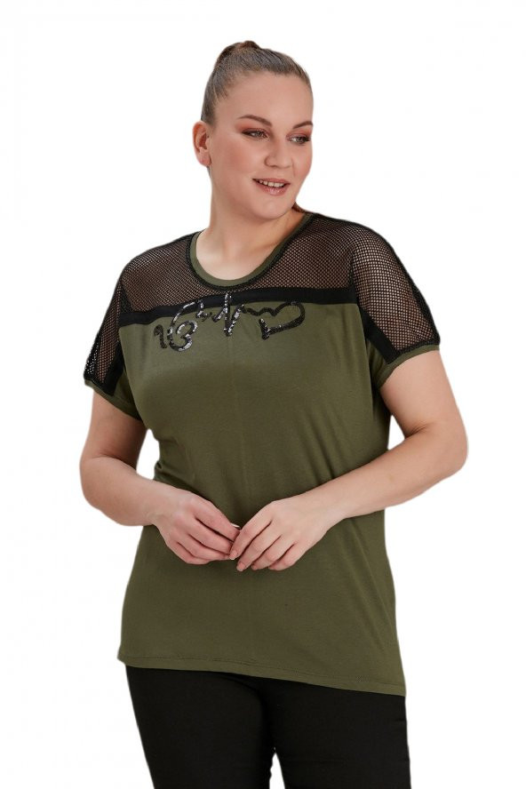 Fierte Kadın Büyük Beden Bluz Rg4584 Yuvarlak Yaka Kısa Kol Omuz File Detay Pul Payet İşleme Ekru Haki Siyah - 6