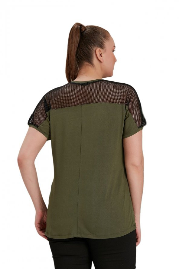 Fierte Kadın Büyük Beden Bluz Rg4584 Yuvarlak Yaka Kısa Kol Omuz File Detay Pul Payet İşleme Ekru Haki Siyah - 8