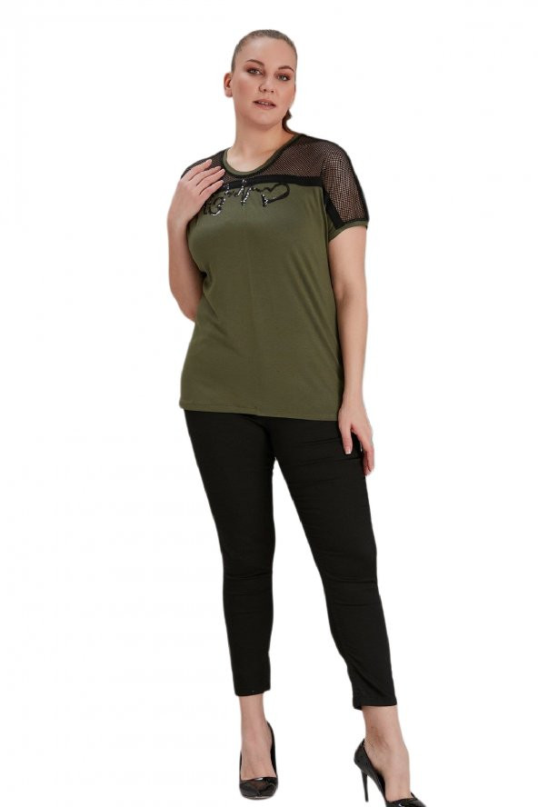 Fierte Kadın Büyük Beden Bluz Rg4584 Yuvarlak Yaka Kısa Kol Omuz File Detay Pul Payet İşleme Ekru Haki Siyah - 9