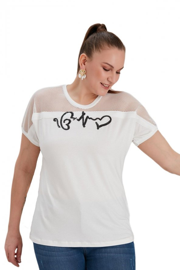 Fierte Kadın Büyük Beden Bluz Rg4584 Yuvarlak Yaka Kısa Kol Omuz File Detay Pul Payet İşleme Ekru Haki Siyah - 11