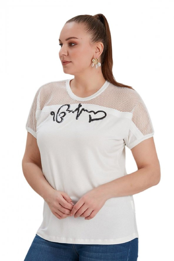 Fierte Kadın Büyük Beden Bluz Rg4584 Yuvarlak Yaka Kısa Kol Omuz File Detay Pul Payet İşleme Ekru Haki Siyah - 12