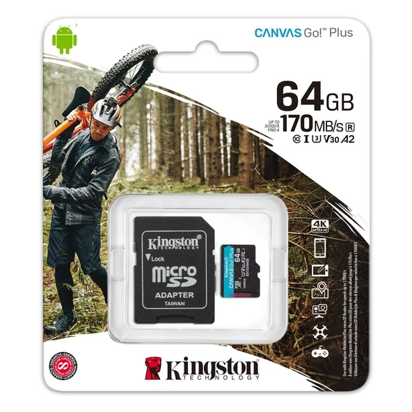 Kingston 64GB microSDXC Canvas Go Plus 170R A2 U3 V30 Card + ADP Hafıza Kartı | SDCG3/64GB - 7