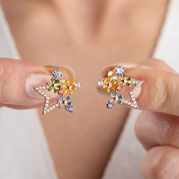 Vaoov 925 Ayar Gümüş Renkli Taşlı Yıldız Küpe ürün görseli 1