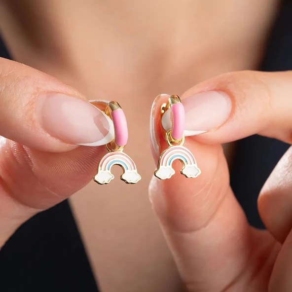 Vaoov 925 Ayar Gümüş Mineli Pembe Gökkuşağı Çocuk Küpe ürün görseli