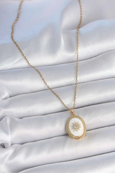 316L Çelik Gold Renk Zincir Beyaz Mineli Güneş İşlemeli Zirkon Taş Detaylı Madalyon Model Kadın Kolye - TJ-BKO10055 - Resim 2