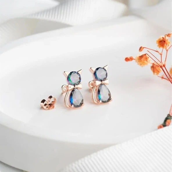 Vaoov 925 Ayar Gümüş Mistik Topaz Taşlı Kedi Küpe ürün görseli 1