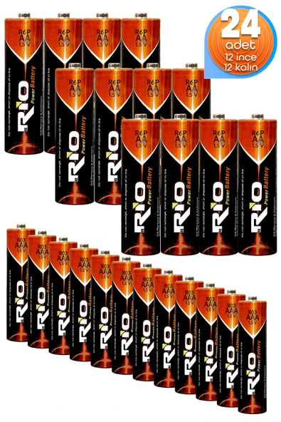 Rio 24lü (12 AA + 12 AAA) İnce ve Kalın Kalem Pil Seti Saat R03 ve R6P Pili Çinko Karbon Pil Zn-C 1.5V