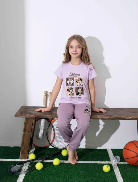 Kız Çocuk Mini Desenli Lila Pijama Takımı - 2