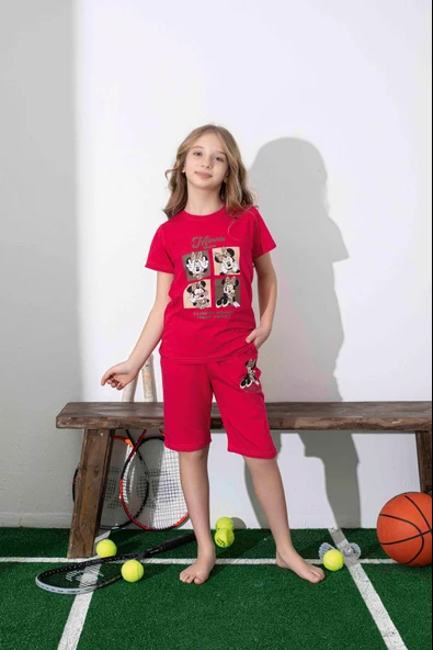 Kız Çocuk Mini Desenli Kırmızı Şortlu Pijama Takımı
