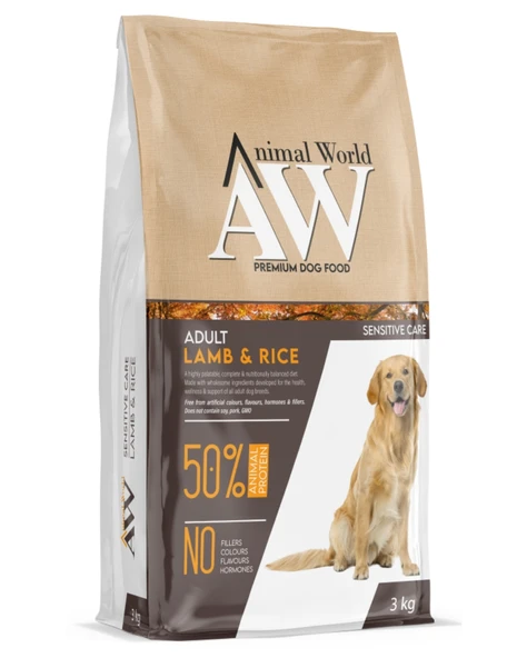 Animal World Sensitive Kuzu Etli ve Pirinçli  Yetişkin Köpek Maması 3 kg