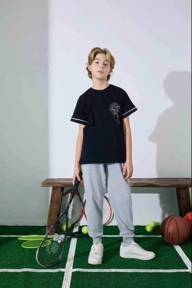 Erkek Çocuk Basketboll Desenli Siyah Pijama Takımı - 2