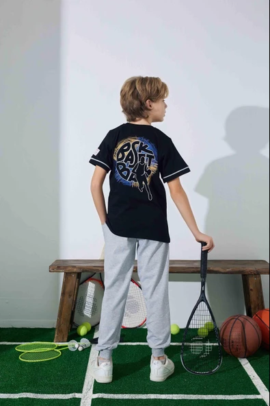 Erkek Çocuk Basketboll Desenli Siyah Pijama Takımı - 3