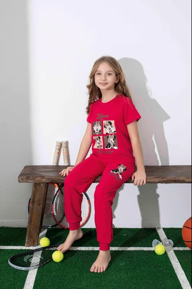 Kız Çocuk Mini Desenli Kırmızı Pijama Takımı