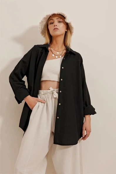 Kadın Keten Kumaş Oversize Gömlek - 2