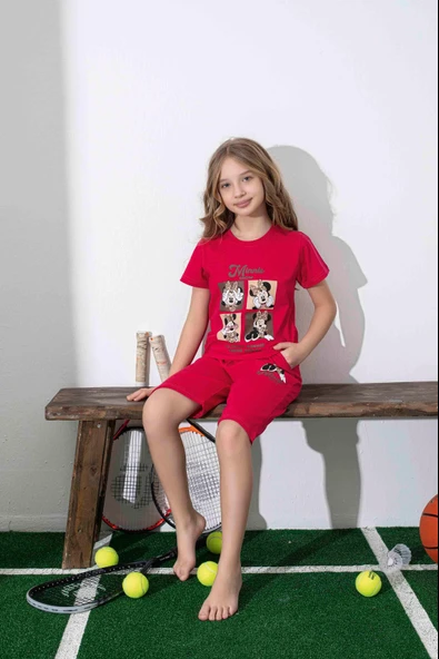 Kız Çocuk Mini Desenli Kırmızı Şortlu Pijama Takımı - 2