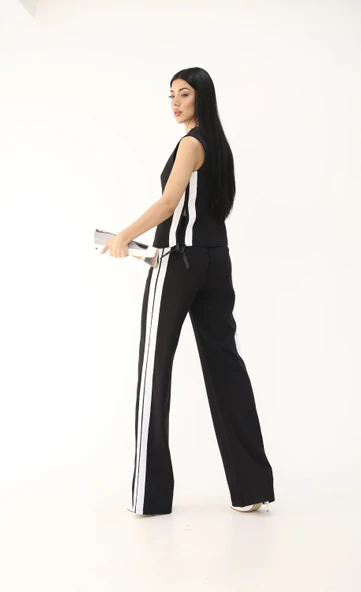 Kadın Kolsuz Yanları Şeritli Bol Paça Yelek Takım 0126-25 - 8