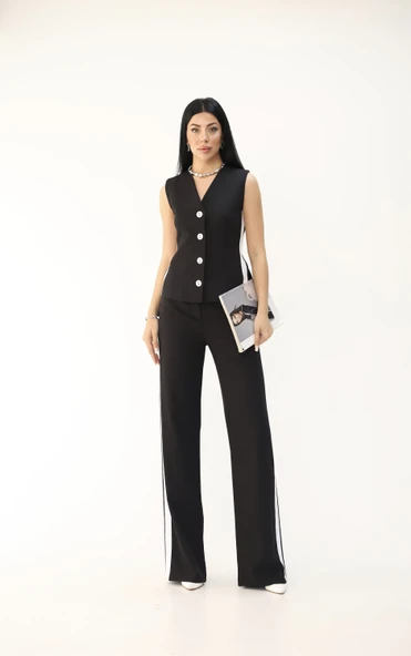 Kadın Kolsuz Yanları Şeritli Bol Paça Yelek Takım 0126-25 - 3