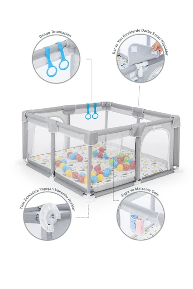 Playard Güvenli Bebek Ve Çocuk Oyun Alanı Oyun Parkı 120x120 Oyun Matı Topları Ve Yataklı - 3