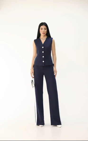 Kadın Kolsuz Yanları Şeritli Bol Paça Yelek Takım 0126-25 - 2