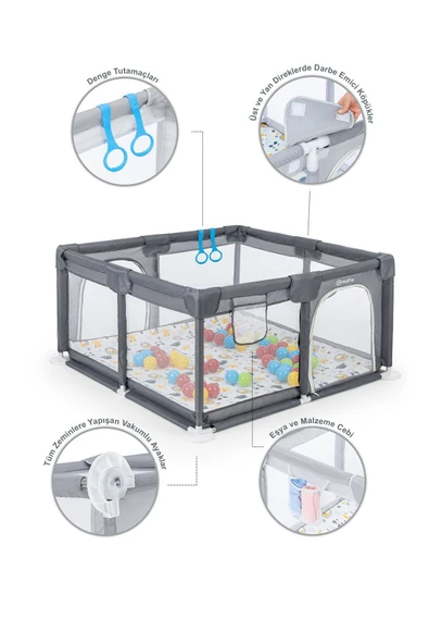 Playard Güvenli Bebek Ve Çocuk Oyun Alanı Oyun Parkı 120x120 Oyun Matı Topları Ve Yataklı - 10
