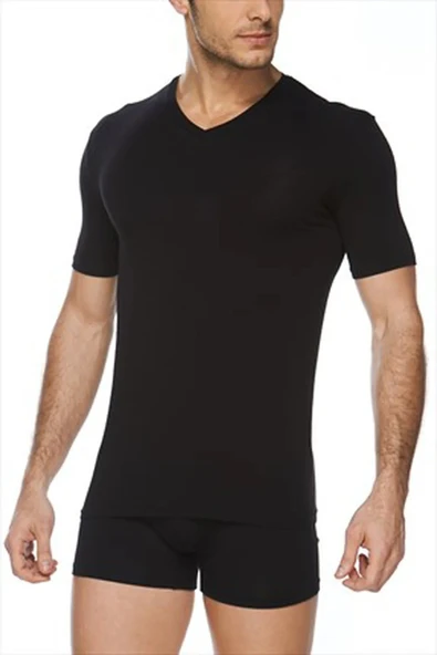 Erkek Siyah V Yaka Bambu T-shirt
