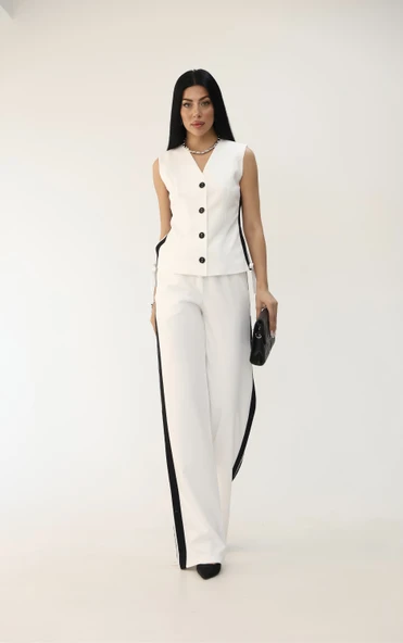 Kadın Kolsuz Yanları Şeritli Bol Paça Yelek Takım 0126-25 - 11