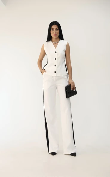 Kadın Kolsuz Yanları Şeritli Bol Paça Yelek Takım 0126-25 - 10