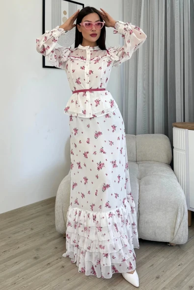 Çiçek Desenli Bluz ve Etek İkili Takım 4707-Beyaz/Fuşya - 4
