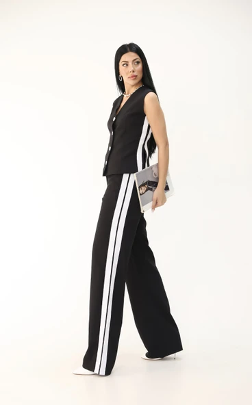 Kadın Kolsuz Yanları Şeritli Bol Paça Yelek Takım 0126-25 - 6