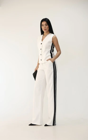 Kadın Kolsuz Yanları Şeritli Bol Paça Yelek Takım 0126-25 - 12