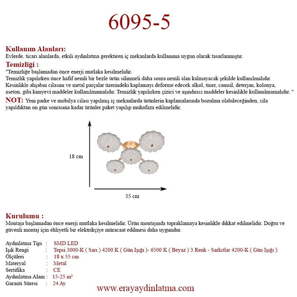 Eray Aydınlatma 6095-5 Sarı 3 Renk Led Avize - 5