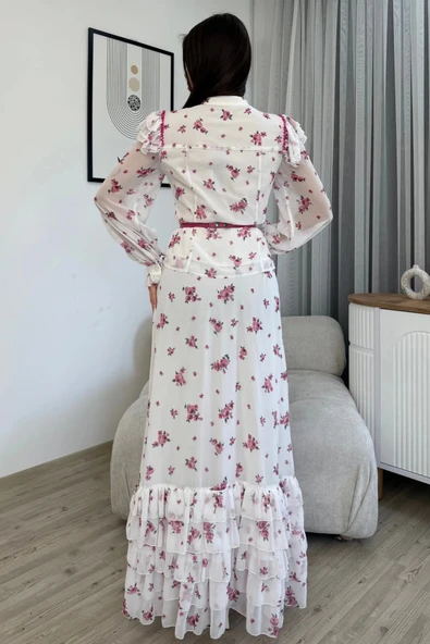 Çiçek Desenli Bluz ve Etek İkili Takım 4707-Beyaz/Fuşya - 6
