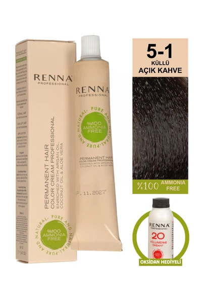 Renna Bitkisel Amonyaksız Saç Boyası 60 Ml 5-1 Açık Kahve Oksidan Hediyeli