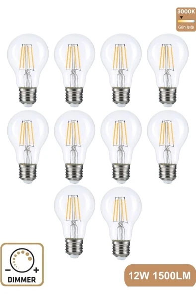A60 Şeffaf 12W 3000K E27 Günışığı LED Dimmerli Ampul Erd-304