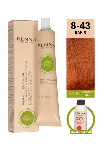 Renna Bitkisel Amonyaksız Saç Boyası 60 Ml 8-43 Bakır Oksidan Hediyeli ürün görseli