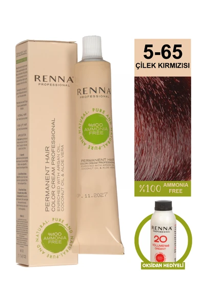 Renna Bitkisel Amonyaksız Saç Boyası 60 Ml 5-65 Çilek Kırmızısı Oksidan Hediyeli