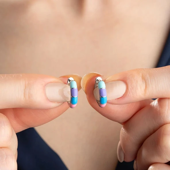 Vaoov 925 Ayar Gümüş Renkli Mineli Halka Küpe - Resim 3