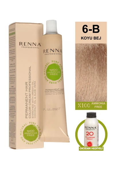 Renna Bitkisel Amonyaksız Saç Boyası 60 Ml 6-B Koyu Bej Oksidan Hediyeli