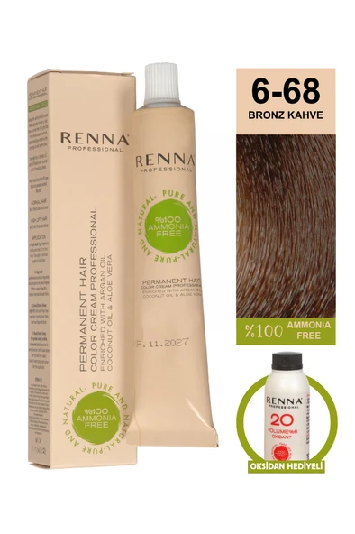Renna Bitkisel Amonyaksız Saç Boyası 60 Ml 6-68 Bronz Kahve Oksidan Hediyeli