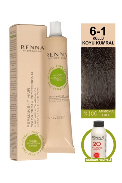 Renna Bitkisel Amonyaksız Saç Boyası 60 Ml 6-1 Küllü Koyu Kumral Oksidan Hediyeli