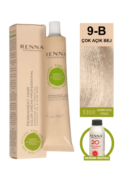 Renna Bitkisel Amonyaksız Saç Boyası 60 Ml 9-B Çok Açık Bej Oksidan Hediyeli