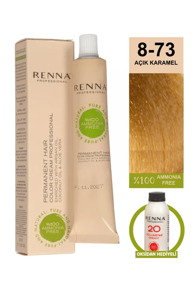 Renna Bitkisel Amonyaksız Saç Boyası 60 Ml 8-73 Açık Karamel Oksidan Hediyeli