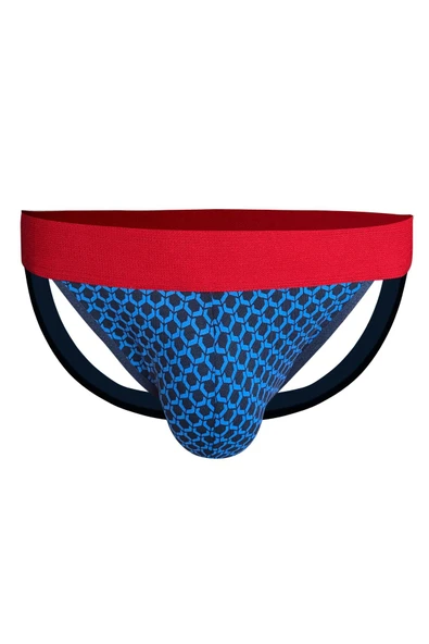 Erkek Arkası Açık Geometrik Desenli Mavi Jockstrap 6739