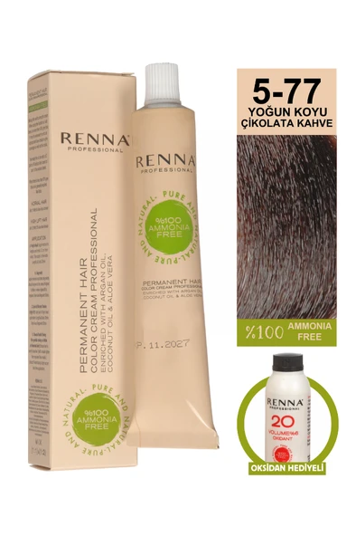 Renna Bitkisel Amonyaksız Saç Boyası 60 Ml 5-77 Yoğun Koyu Çikolata Kahve Oksidan Hediyeli