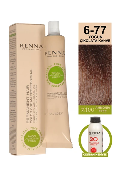 Renna Bitkisel Amonyaksız Saç Boyası 60 Ml 6-77 Yoğun Çikolata Kahve Oksidan Hediyeli ürün görseli
