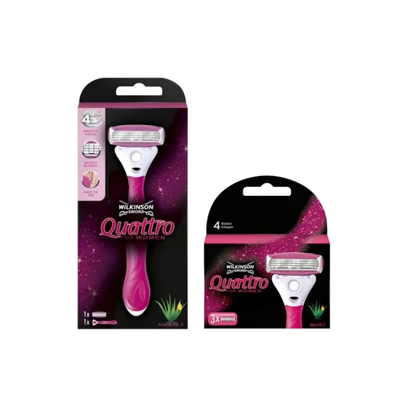 Wilkinson Sword Quattro Sistem Kadın Tıraş Bıçağı + 3 Yedek Başlık